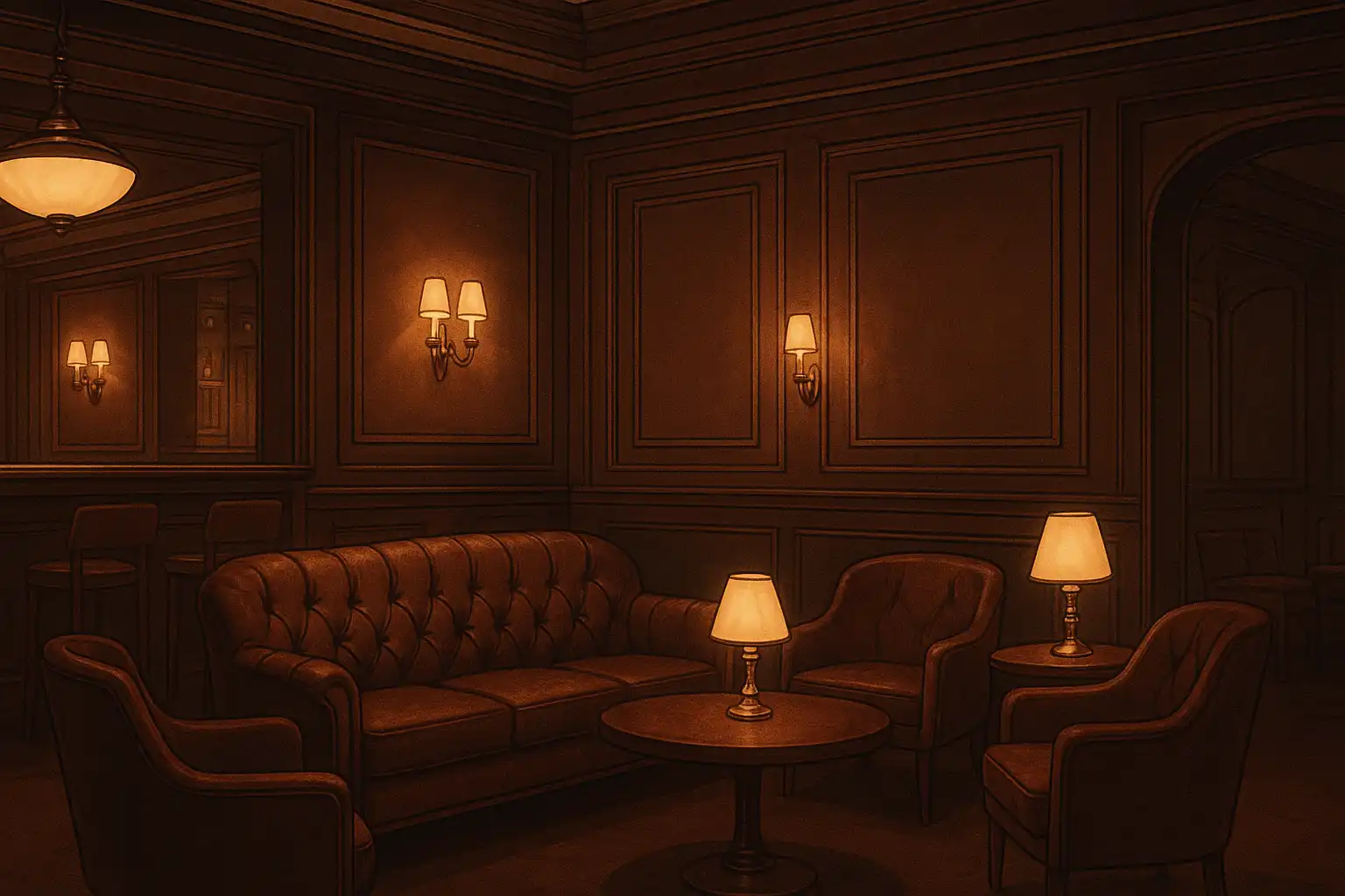 Vintage club lounge with bronze fittings representing the TiffanyLuck casino brand