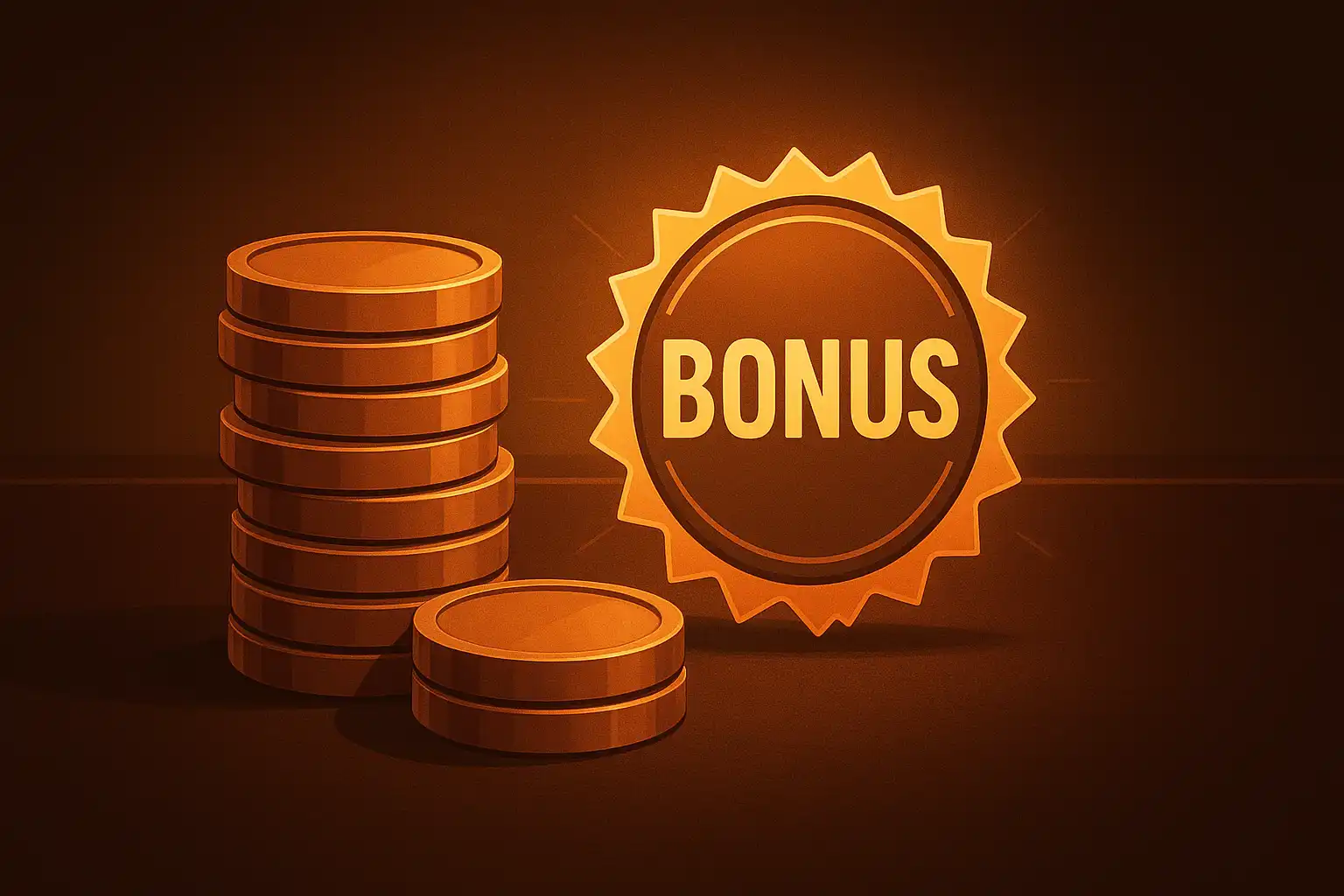 Stack of bronze coins and a bonus badge over a dark casino table