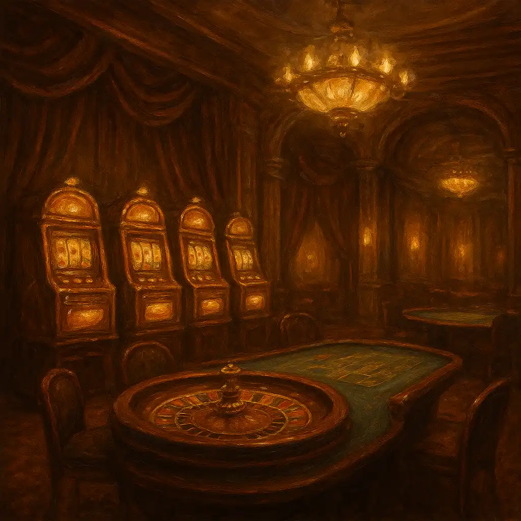 Vintage casino club interior with glowing slot machines and roulette table