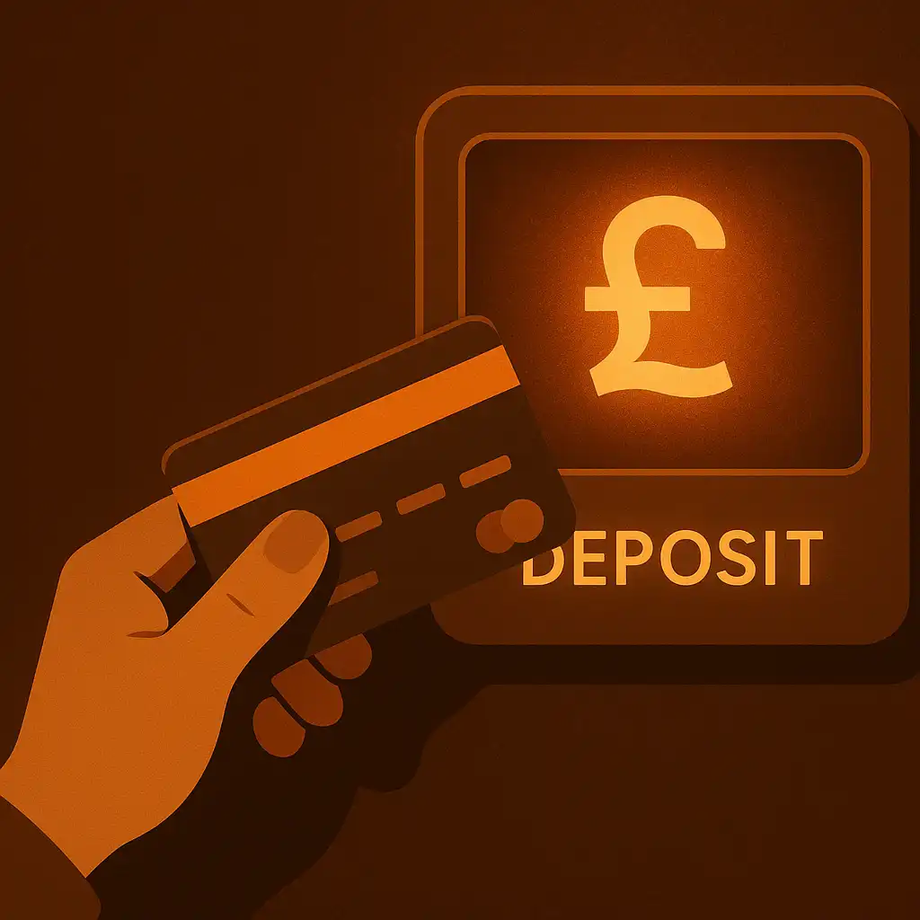Hand holding a card next to a glowing deposit screen with pound sterling symbol