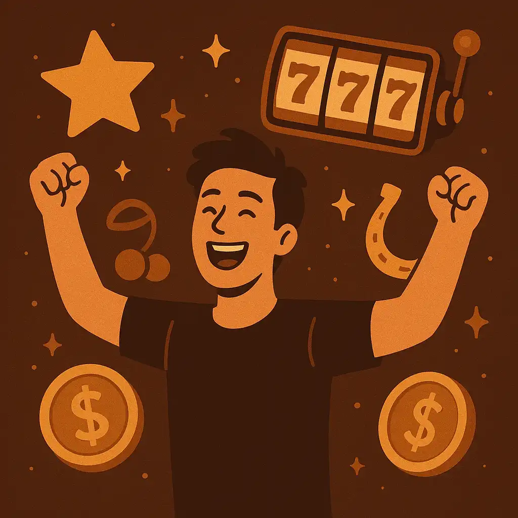 Celebrating player surrounded by slot machine symbols and coins